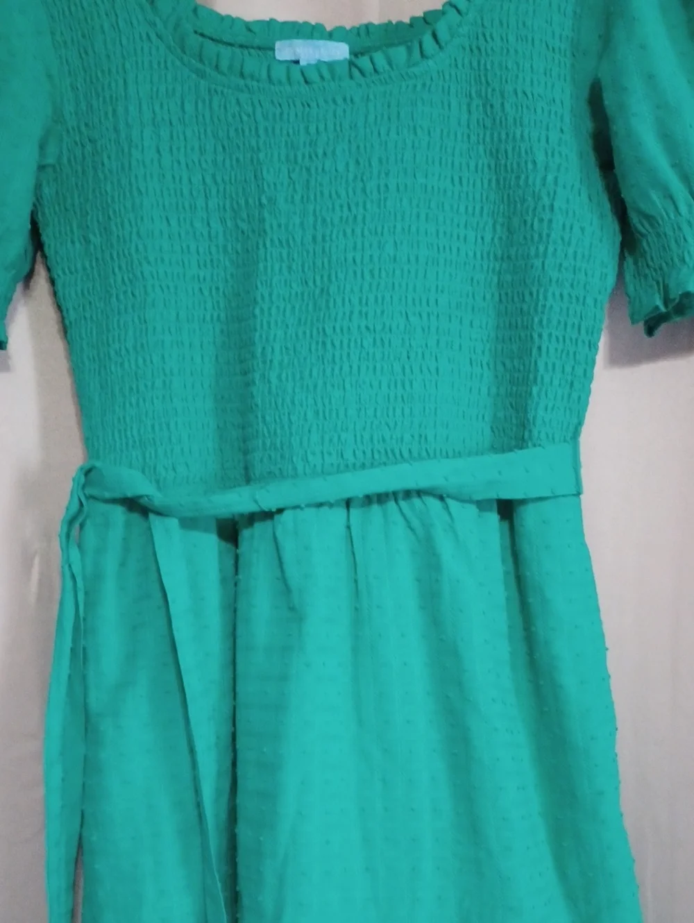 Draper James Green Smocked Puff Sleeve Square Neck Cotton Dress Pockets Size L